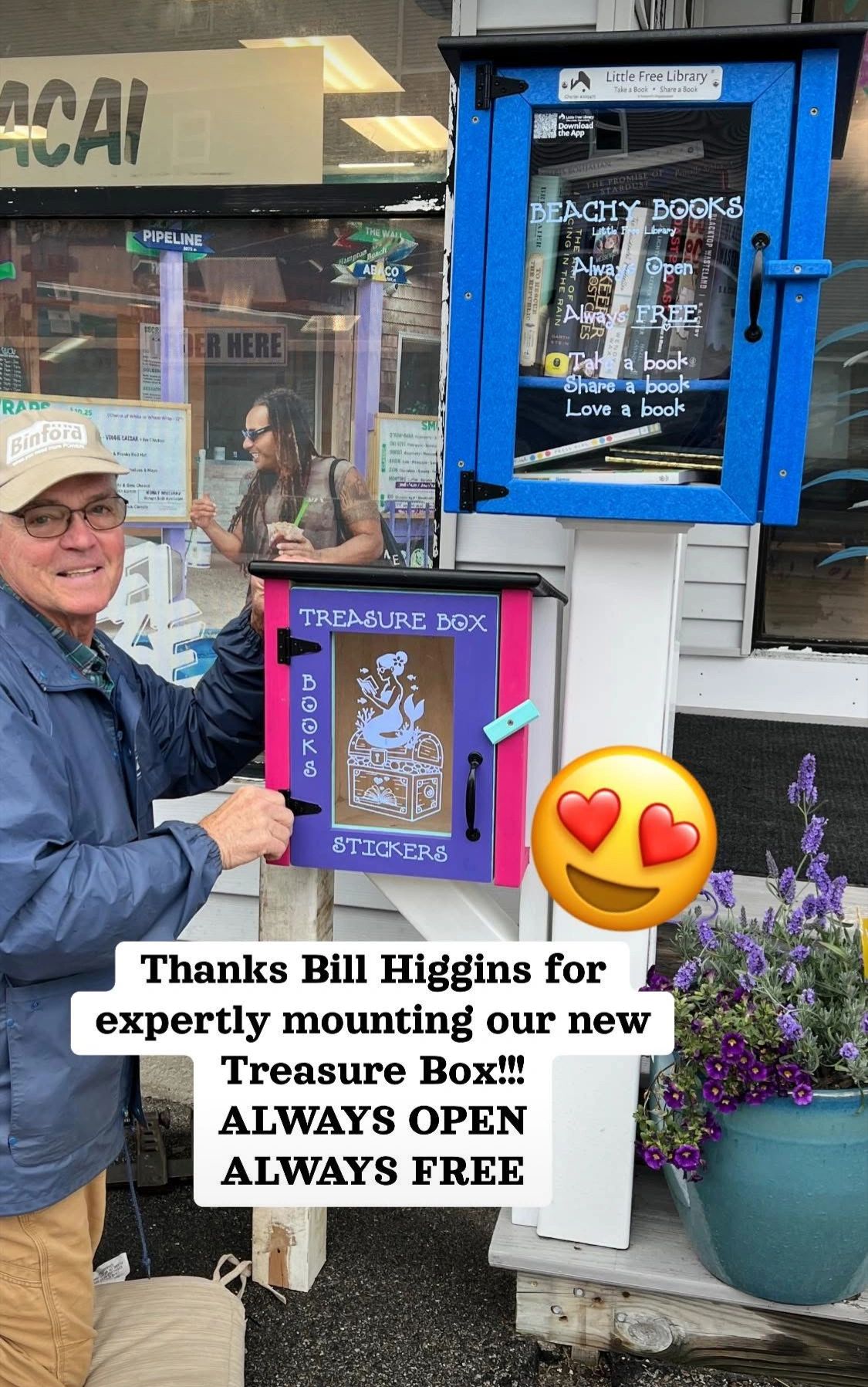 Man with Beachy Books Little Free Library and Treasure Box
